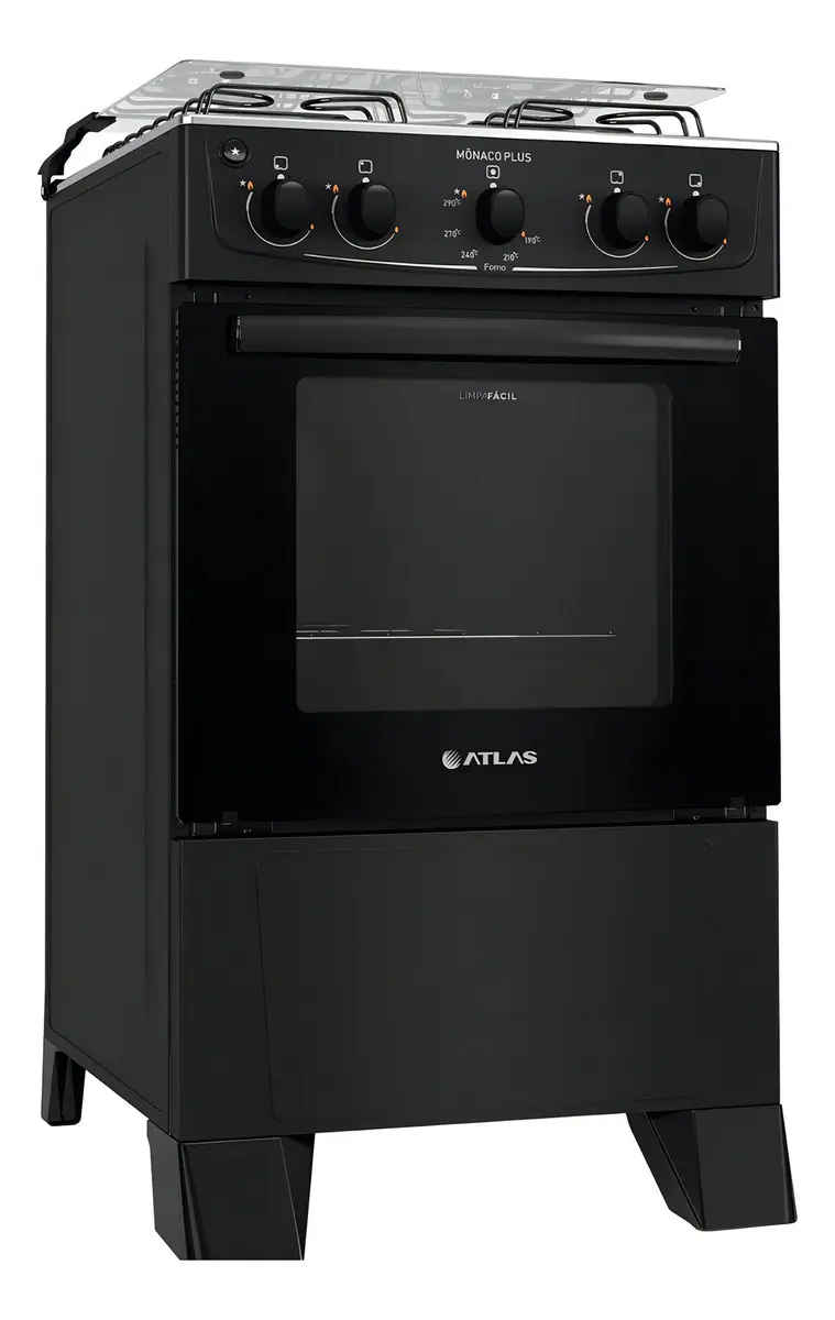 Fogão 4 Bocas Atlas Mônaco Plus Preto Com Mesa Inox E Acendimento Automático Bivolt